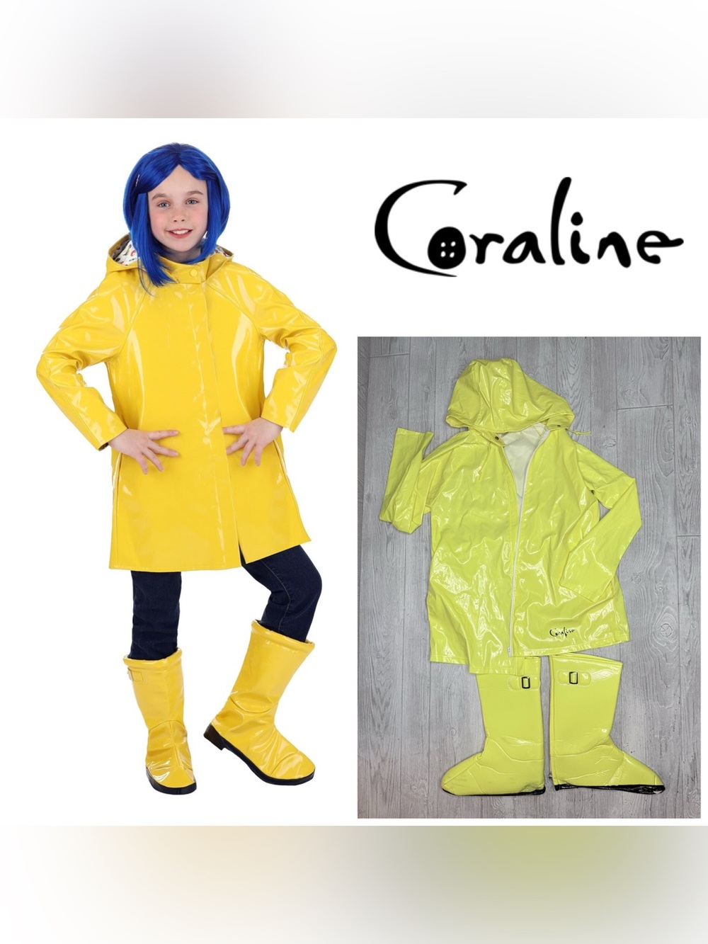 Coraline Halloween costume rain coat and boot covers size medium oversized